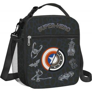 Sac Isotherme Repas Enfant Noir Boucliers, Petit Sac Lunch Box Portable Mit Porte-Bouteille, Sac Dejeuner Garçons Pour L'école Mit Bandouliere.[G408] - Neuf