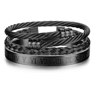 Eryi-3 Pièces Bracelet Jonc Homme Argent/Or/Noir Acier Inoxydable Luxe Numéros Romain Jonc Manchette Bracelet Ouvert Réglable Ensemble - Neuf