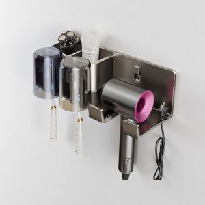 Support mural sans per&ccedil;age pour s&egrave;che-cheveux avec 2 compartiments et 2 porte-brosses &agrave; dents-En acier inoxydable-Pour salle de bain,barbershop,h&ocirc;tel-Gris - Neuf