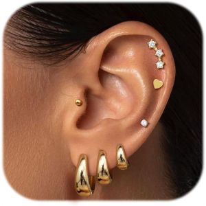 Tianyi-7 Paires De Boucles D'oreilles Cr&eacute;oles Hypoallerg&eacute;niques Plaqu&eacute;es Or 14 Carats Pour Femme, En Acier Chirurgical 316l, &Agrave; Dos Plat, Pour Piercings Multiples, Bijoux Cadeau, Or Et Argent - Neuf