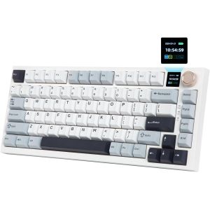 Clavier m&eacute;canique &agrave; 75%, Design QWERTY Gasket-Mounted - Cr&egrave;me avec &eacute;cran TFT, Bluetooth 5.1/2.4G sans Fil et USB-C - Att&eacute;nuation du Bruit - Interrupteur lin&eacute;aire pr&eacute;-huil&eacute; - Blanc et Bleu - Neuf