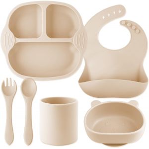 Kal-Set Vaisselle Pour B&eacute;b&eacute; Silicone, 6 Pi&egrave;ces Set Repas Pour Enfants, Anti-D&eacute;rapant Assiette, Bol, Bavoir R&eacute;glable, Tasse, Cuill&egrave;re Fourchette, Compatible Lave-Vaisselle, Micro-Onde, Sans Bpa (Natur - Neuf