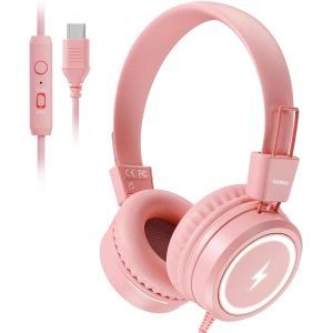 KALANKA-Casque Audio Enfants Scolaires, USB de Type C avec Lumi&egrave;res LED, Casque c&acirc;bl&eacute; Gar&ccedil;on Fille avec Limiteur de S&eacute;curit&eacute; 85dB/94dB, Casque Pliable avec Microphones pour &eacute;cole/iPad, Rose - Neuf