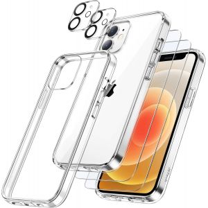 KALANKA-5 en 1 Coque pour iPhone 12 6,1 Pouces avec 2 Protection D'&eacute;cran et Protecteur Cam&eacute;ra Arri&egrave;re, Anti-Jaunissement Film en Verre Tremp&eacute; &agrave; Couverture Compl&egrave;te Antichoc (Transparente) - Neuf