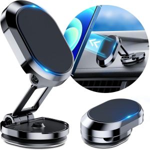 Support T&eacute;l&eacute;phone Pliable Magn&eacute;tique Pour Voiture Rotation 360&deg; Porte Telephone Voiture Aimant&eacute; Avec Base Pliable Aimant Telephone Voiture (Black) - Neuf