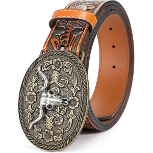 Cauc-Ceinture De Cowboy Occidentale Pour Homme - Ceinture &Agrave; Boucle Taureau - Ceinture En Cuir Grav&eacute;e Pour Jeans, Marron / Taureau Argent&eacute;, 30""-32"" Wasit Adjustable - Neuf