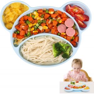 Assiette À Ventouse Pour Bébé (Bleue), Assiette Antidérapante En Silicone Pour Bébé, Bol À Ventouse Pour Bébé, Vaisselle En Silicone Avec Compartiments, Compatible Lave-Vaisselle Et Micro-Ondes - Neuf