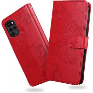 KAL-Coque Pour Moto G22, Papillon Imprim&eacute; Housse En Cuir Pu Magn&eacute;tique Portefeuille, &Eacute;tui &Agrave; Rabat Pour Moto G22, Rouge - Neuf