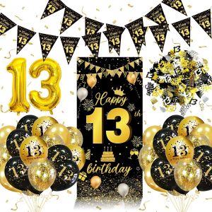 TRAHOO-Decoration Anniversaire 13 ans, Ballons 13 Ans Anniversaire Noir Or, Ballon Numéro 13, Confettis, Bannières & Affiche Fond Photo Cadeau Fille Garçon 13 ans - Neuf