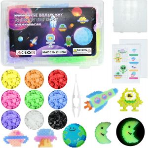 KALANKA-Lot de Perles à Repasser Phosphorescentes 5 mm - 2200 Pièces, 12 Couleurs - Plaques, Modèles, Papier à Repasser - Perles Midi Colorées à Emboîter - Cadeau pour Enfants et Garçons - Neuf
