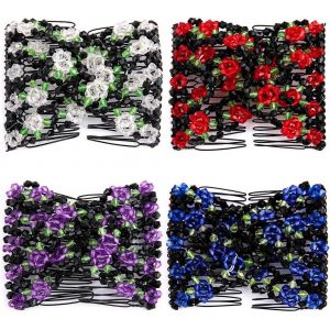 Lot De 4 Peignes Magiques Faciles &Agrave; Utiliser - Double Peigne &Agrave; Cheveux Extensible - Pour Chignon - &Eacute;lastique - Perles - Rose - Accessoires De Cheveux Pour Femmes Et Filles - Neuf