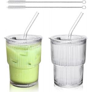 Lot De 2 Gobelets En Verre Avec Couvercle Et Paille - 400 Ml - Verres À Café Glacé - Verres À Eau - Design Étanche - Pour Thé, Glace, Lait, Jus (Style A) - Neuf