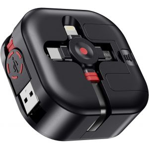 JGD-C&acirc;ble multi-USB, r&eacute;tractable, 1,2 m, 4,5 A, universel, avec iP/type C/Micro USB, pour iPhone 16, 15, 14, Android Galaxy, Pixel, LG, tablettes, PS (noir) - Neuf
