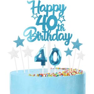 Ensemble De Décorations De Gâteau D'anniversaire Bleues Pour 40e Anniversaire,Bougies Bleues En Forme De Chiffre 40 Pour Décoration De Gâteau D'anniversaire Pour Filles,Garçons,Femmes,Hommes - Neuf