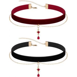 Kal-2 Pièces Chokers Velours Ruban Collier Ras Du Cou, Ras De Cou Gothique, Collierras Du Cou Fille En Velours Réglable Gothique Collier, Accessoires Adapté Pour Fille Femme (Noir,Rouge) - Neuf