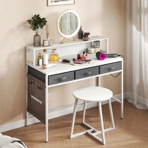 Ensemble Coiffeuse et Tabouret COSTWAY, Station de Charge Int&eacute;gr&eacute;, 3 Tiroirs en Tissu, Poches Lat&eacute;rales, Support de Moniteur, Blanc - Neuf