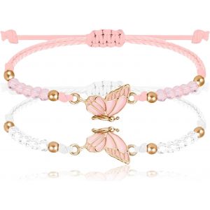 Eryi-Lot De 2 Bracelets Bff Pour Bracelets Papillon Assortis - Bracelet Best Friends - Fait À La Main - Bracelets D'amitié - Bijoux Cadeaux - Blanc + Rose - Neuf