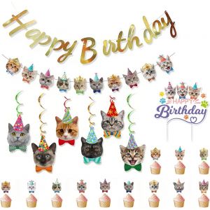 Checarzhn--No1-Lot De 21 Décorations De Gâteau D'anniversaire Sur Le Thème Des Chats - Bannière D'anniversaire Pour Animaux De Compagnie - Happy Birthday - Neuf