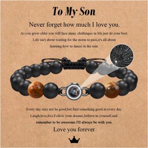 Kal-Bracelet Pour Hommes Bracelet De Perles Pour Hommes 8mm Oeil De Tigre Onyx Noir Je T'aime 100 Langues Bracelets De Projection Réglable Tressé Bracelet En Pierre Naturelle Bijoux Homme - Neuf