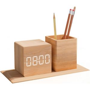 KAL-Réveil Électronique En Bois, Écran Led Avec Luminosité Réglable Heure Température Date Commande Vocale Porte-Stylo Rangement Pour Étudiants Bureau Jaune - Neuf