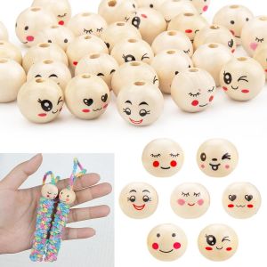 Mevronisshop-140 Pi&egrave;ces Perle En Bois Avec Visage, 20mm Perles En Bois Avec Visage Souriant, 7 Styles Perle Boule En Boiss Rondes Naturel Pour Fabrication De Bracelets Colliers Macram&eacute; - Neuf