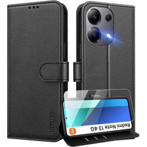 Kal-Coque Pour Xiaomi Redmi Note 13 4g (Pas Pour 5g) Coque Etui Portefeuille Cuir Avec Verre Trempé Protection Écran Porte Carte Rabat Clapet Pochette Flip Case Étui Cover Housse Etui,Noir - Neuf