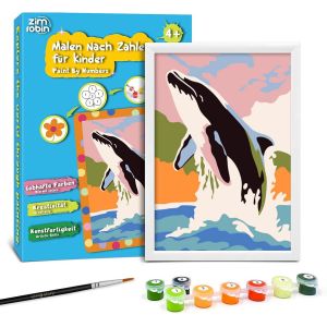 KALANKA-Peinture Numero Enfant -12×8cm Peinture par numéros enfants à partir de 5 6 7 ans filles et garçonsCadeau créatif avec cadre 1 pinceau et peinture acrylique(Baleine sautante) - Neuf