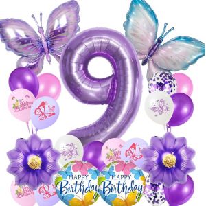SJZG-Ballon Papillon 9&Egrave;me Anniversaire Fille,Anniversaire Fille 9 Ans,Ballons Anniversaire,Ballon Transparent Violet Papillon,D&eacute;coration De F&ecirc;te D'Anniversaire Pour Enfants - Neuf