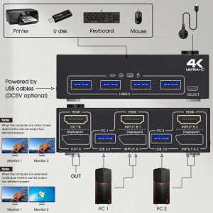 Commutateur Kvm Double Moniteur Usb 3.0 4K À 60 Hz,2K À 120 Hz,2 Pc 2 Moniteurs Commutateur Kvm Hdmi+Displayport Pour 2 Ordinateurs Partagent 2 Écrans Et 4 Appareils Usb3.0.Télécommande Filaire - Neuf