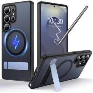 SJZG-Coque Pour Samsung Galaxy S25 Ultra Avec Magsafe [B&eacute;quille Invisible][Charge En Position Debout][Militaire Antichoc] Pare-Chocs En Silicone Souple Mat Translucide Pour S25 Ultra Mince, Noir - Neuf