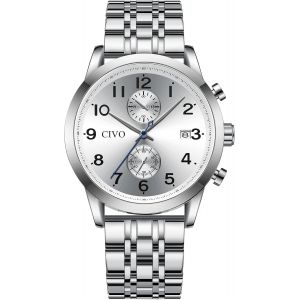 Eryi-Montre Homme Chronographe Argent Montre Bracelet Acier Inoxydable - Montre Analogique Quartz Etanche Date - Neuf