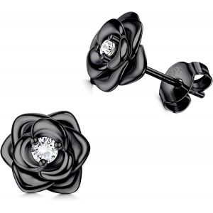 Kalanka-Petites Boucles D'oreilles Fleurs En Argent Sterling 925 Pour Femme Fille Hypoallergéniques Boucles D'oreilles Roses Avec 5a+Zircone Cubique Clous D'oreilles Argent/Or/Or Rose/Noir - Neuf