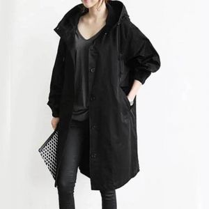 Manteau Décontracté Coupe-Vent Pour Les Femmes Boucle Avant Design Sweats À Capuche Avec Poignet Élastique Veste Mi-Longue Noir,Xxxl - Neuf