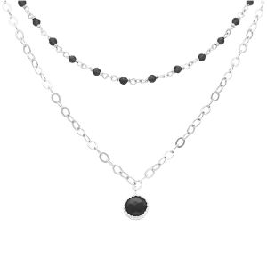 Collier Argent Rhodié Double Chaine Et Pierres Naturelles Noire - Neuf