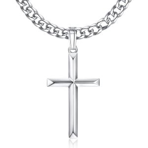 Trahoo-Collier Croix Chretienne Argent 925 Chaîne Cubaine En Argent Pendentif Croix Collier Pour Homme Femme Cadeaux Religieux Bijoux 46/51/56/61/66/76 Centimètre - Neuf