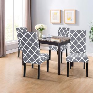 Housse de chaise imprimée pour restaurant (gris + blanc), lot de 4 pièces, housse de chaise de cuisine extensible, lavable, amovible, idéale pour les hôtels, les cérémonies et les banquets - Neuf