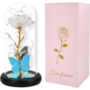 Cadeaux Pour Femmes,Cadeaux D'anniversaire Pour Elle,Rose Éternelle En Verre Avec Lumière Led,Cadeaux De Fleurs Roses Pour Maman/Petite Amie/Épouse,Rose Avec Papillon - Neuf