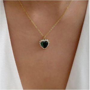 Kal-Collier Tour De Cou Boho Coeur Emeraude Collier Tour De Cou Coeur Cristal Vert Collier Tour De Cou Coeur Emeraude Vintage Collier Pendentif Coeur Cz Étincelant Bijoux Pour Femmes Et Filles - Neuf