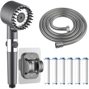 Pommeau de douche anti calcaire avec 6 pcs filtre, haute pression pommeau de douche et avec tuyau de 1,5 mètre, 3 types de jets douchette, avec Bouton D'arrêt D'eau - Neuf