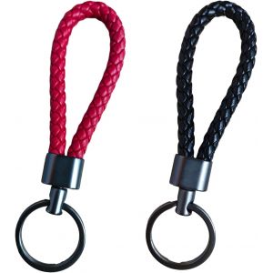 KAL-2 Pièces Porte Clef En Cuir Tressé 12Cm Voiture En Cuir Tressé Porte-Clés Pour Homme Et Femme Voiture Maison Noir Et Rouge Foncé - Neuf