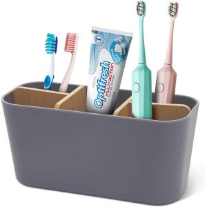 NSIECD-Porte Brosse &agrave; Dents, Support pour Brosse &agrave; Dents Electrique avec 5 Compartiments Amovible en Bois, Rangement Brosses a Dent Stand, Multifonctions Organisateur Salle de Bain Cuisine, Gris - Neuf