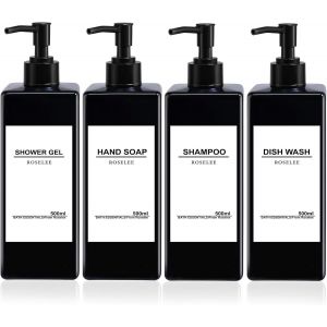 BHHBB-Distributeur de Savon Salle de Bain Noir 500ml 4Pièces Distributeur de Savon Liquide en Plastique Distributeur de Gel Douche Rechargeable pour Lotion Shampooing Douche, avec Entonnoir, étiquett - Neuf