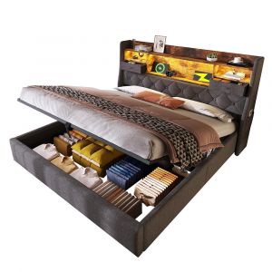 Lit rembourré 160x200cm hydraulique LED/4 ports - lin gris (sans matelas) - Neuf