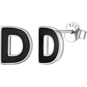 Boucles D'oreilles Initial Argent 925 &Agrave; Noir Lettre De A &Agrave; Z Boucle D'oreille Avec Bo&icirc;te &Agrave; Bijoux Couple, Homme Or Femme - Neuf