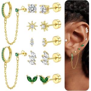 Kal-6 Paires Lot Boucles D'oreilles Femme Acier Inoxydable 316l Hypoallergénique Piercing Oreille Clous D'oreilles Plaqué Or 14k Boucles D'oreilles Creoles Avec Chaîne Piercing Cartilage Helix - Neuf