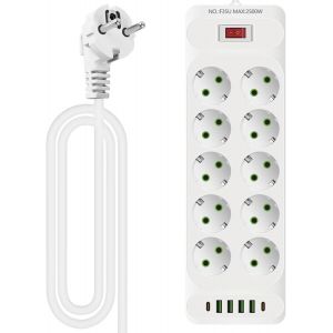 ChenQuanSarl-Multipr 10 Pr s Multipr Avec 4 Ports De Charge Usb + 2 Ports De Type C, Pr De Distribution Murale, Multipr Avec Interrupteur, 10 Pr s Power Strip Avec Câble De 2 M Pour Le Bureau, La - Neuf