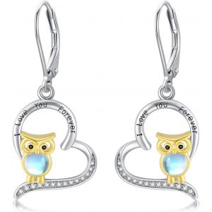 Chenquansarl-Boucles D'oreilles Hibou En Argent Sterling 925 - Boucles D'oreilles Pendantes En Forme De Coeur - En Forme De Chouette - En Forme De Goutte - En Pierre De Lune - Cadeau Hypoallerg&eacute;nique - Neuf