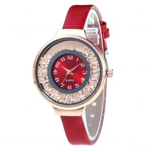 Montre A Quartz Etroite Zhoulianfa En Cuir Pu Pour Femme, Cadran Unique A Effet Sable Mouvant (Rouge) - Neuf