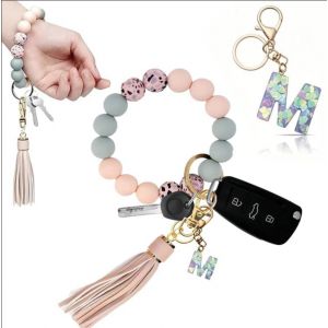 Kal-Porte-Cl&eacute;s Fille Avec Initiales, Porte-Cl&eacute;s Pour Femme, Bracelet Pour Femme, Porte-Cl&eacute;s De Voiture, Perles En Silicone, Cha&icirc;ne De Cl&eacute;s Pour Femme - Neuf