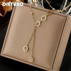 Dieyuro 316l Collier Romain En Acier Inoxydable Pour Femmes Luxe Designer Mode Zircon Long Pendentif Colliers Filles Bijoux Cadeau - Neuf